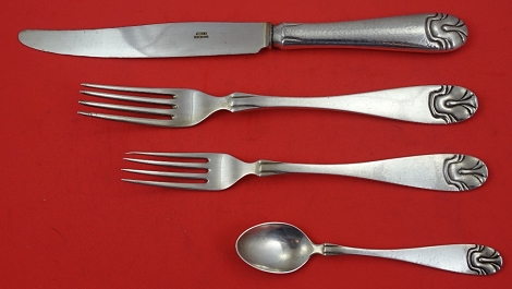 Dinner 4-pc Setting availability based on stock listed below - Hammered Shell aka Hamret Skjell by J. Tostrup (Norwegian) - Sterling 